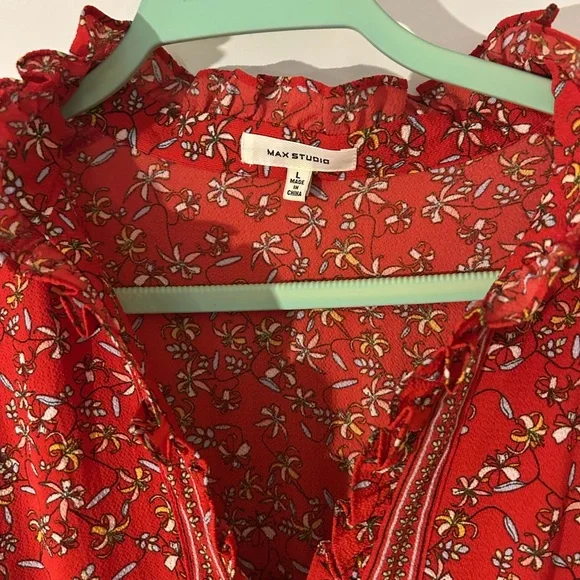 Max Studio Tiered Boho Red Floral Puff Sleeve Maxi Dress - Picture 7 of 8